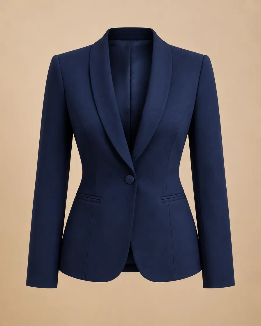 Women's fitted blazer with shawl lapel, front view
