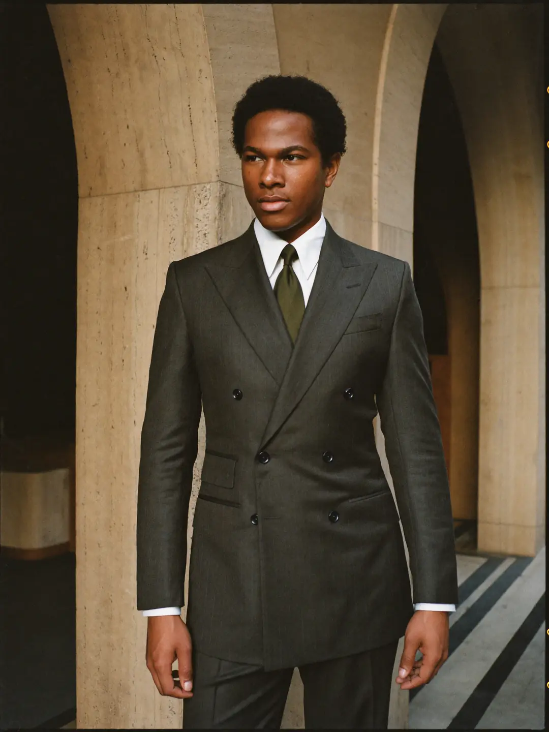 Concierge in a charcoal double-breasted suit beside a travertine archway