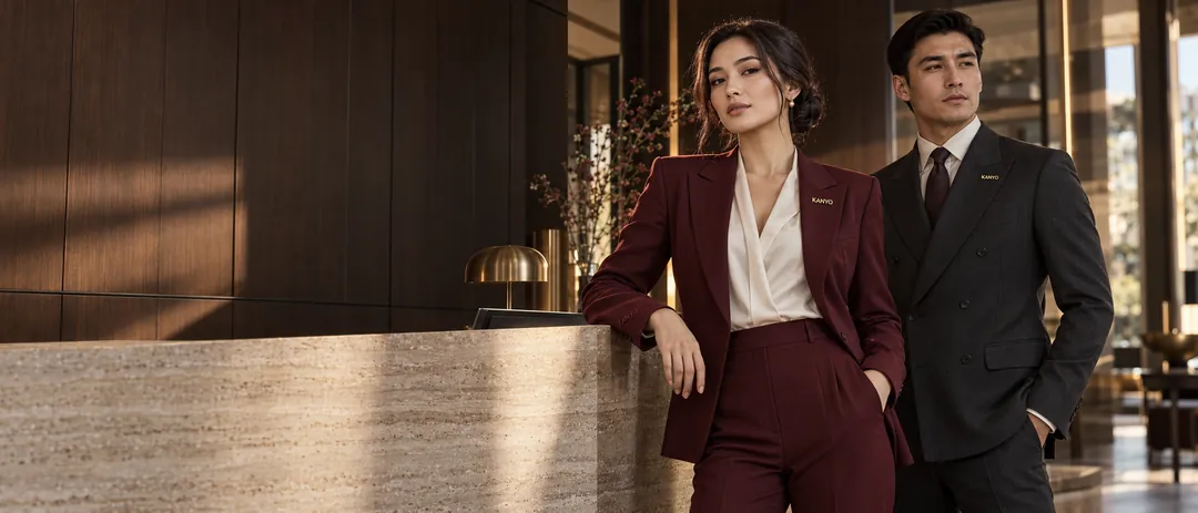 Receptionist in a burgundy suit and a concierge in a charcoal double-breasted suit at a travertine reception desk