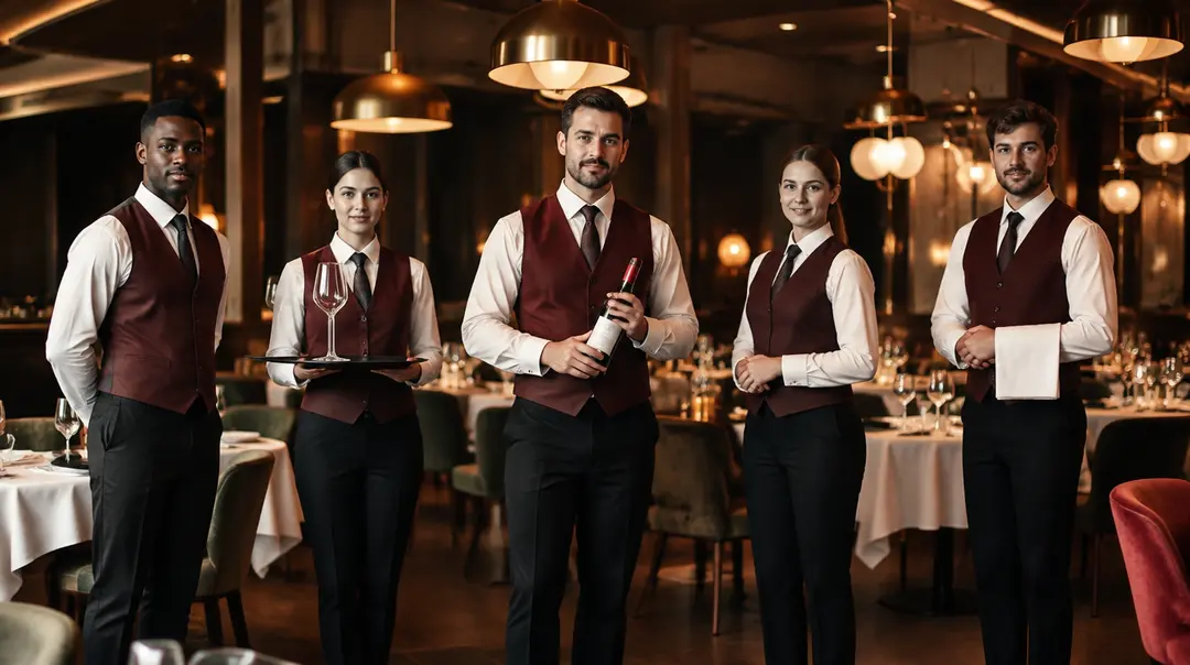 Restaurant team in burgundy waistcoats, white shirts and black trousers